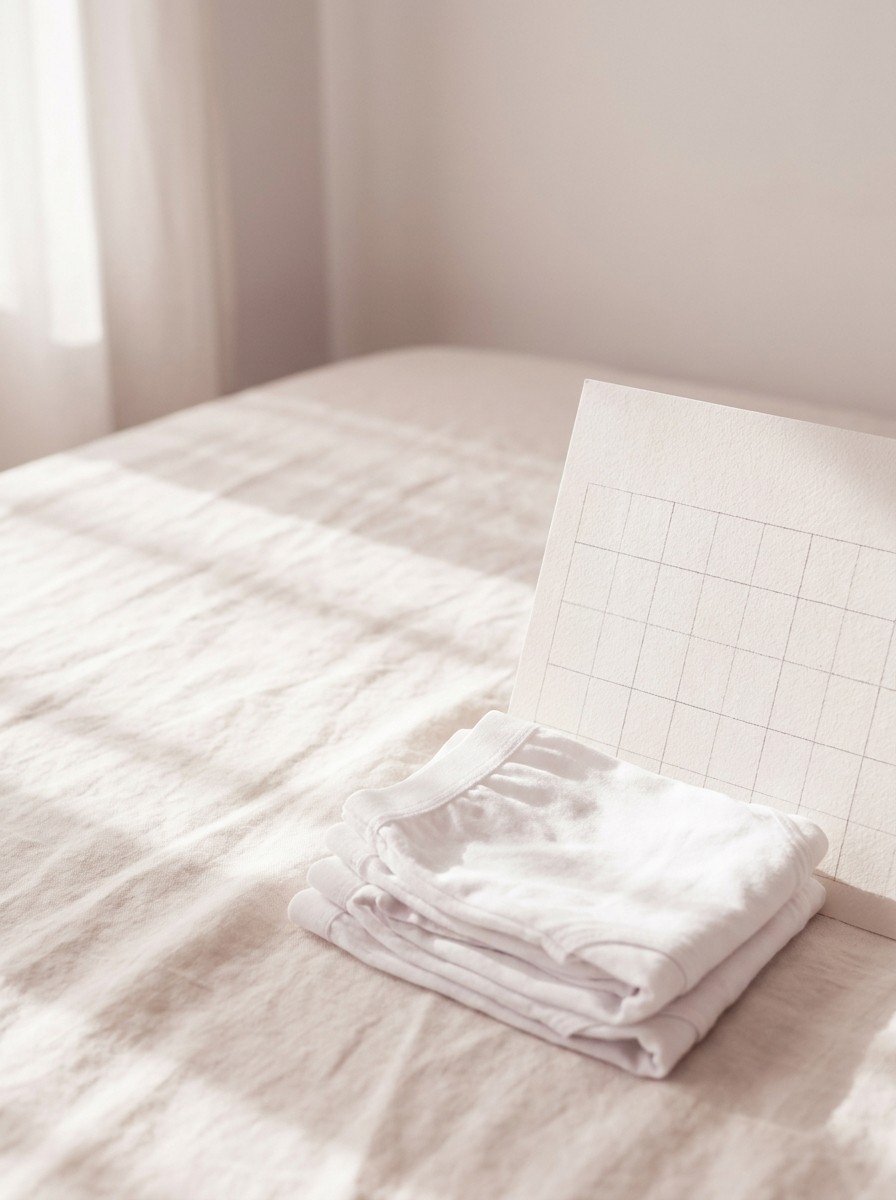 A folded stack of plain white cotton underwear with a blank paper calendar leaning on it on cream linen, upper left of the frame left empty