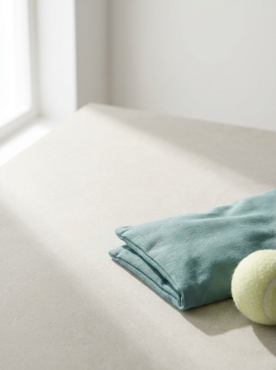 A soft teal heat pack and a pale tennis ball at the lower right of pale stone, upper left of the frame left empty
