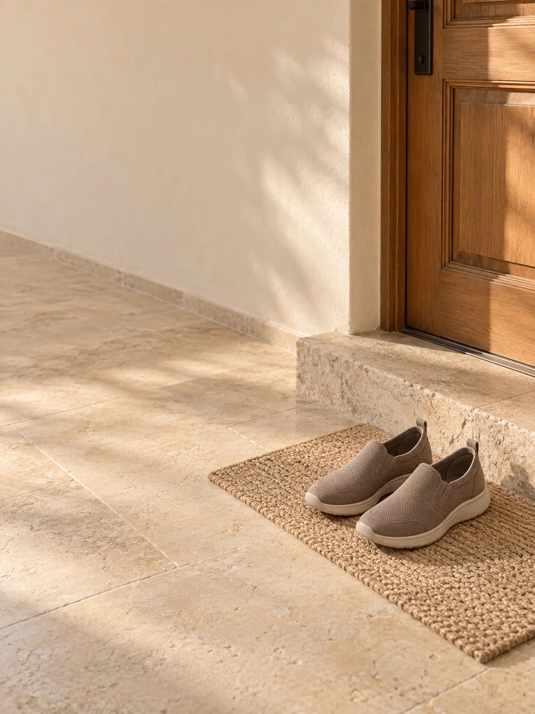 A complete pair of lace-free walking shoes on a woven doormat beside a low entry step