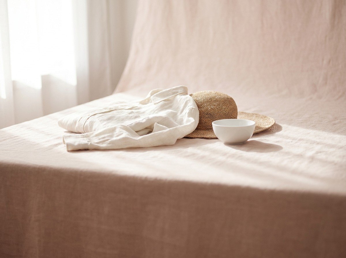 A woven straw sun hat, a folded white linen shirt and a small porcelain bowl on cream-rose linen, lower third empty