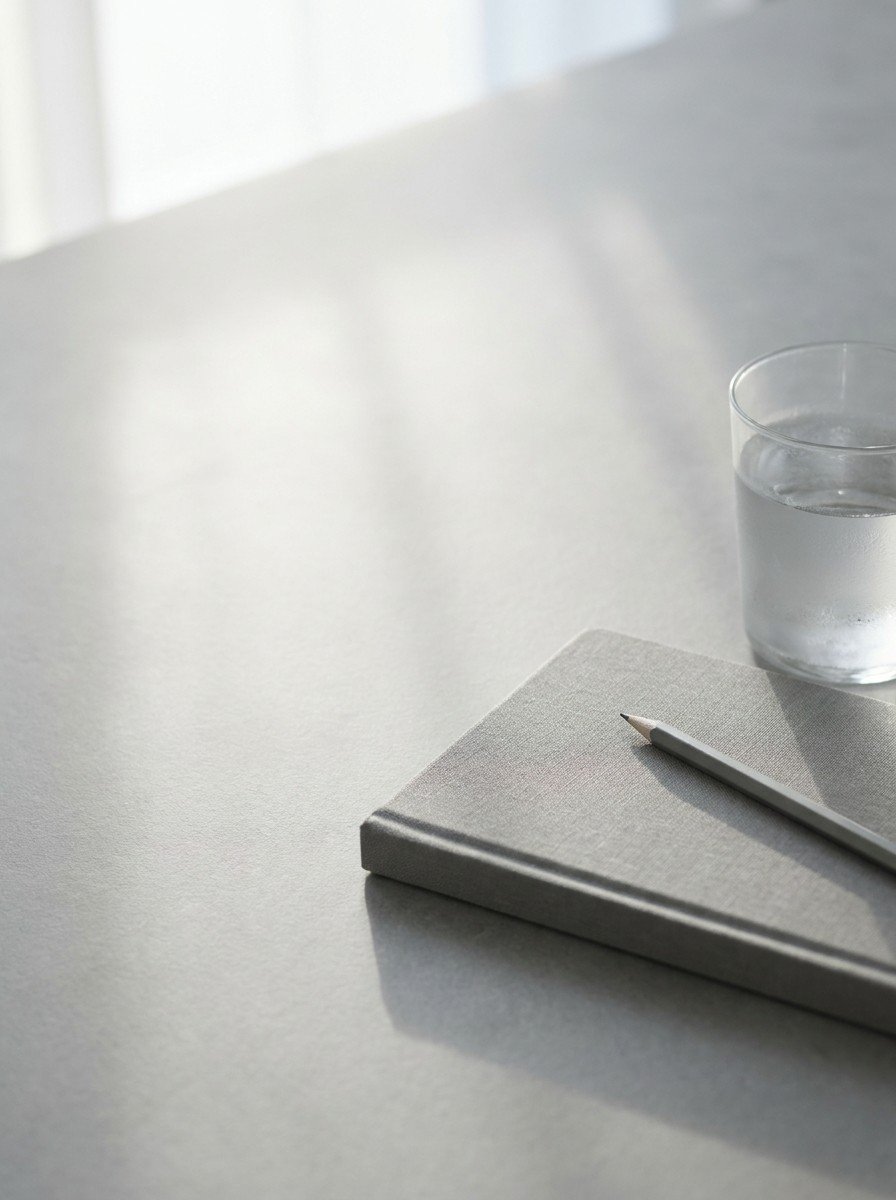 A closed gray notebook with a pencil and a glass of cold water in the lower right of light slate stone, upper left empty
