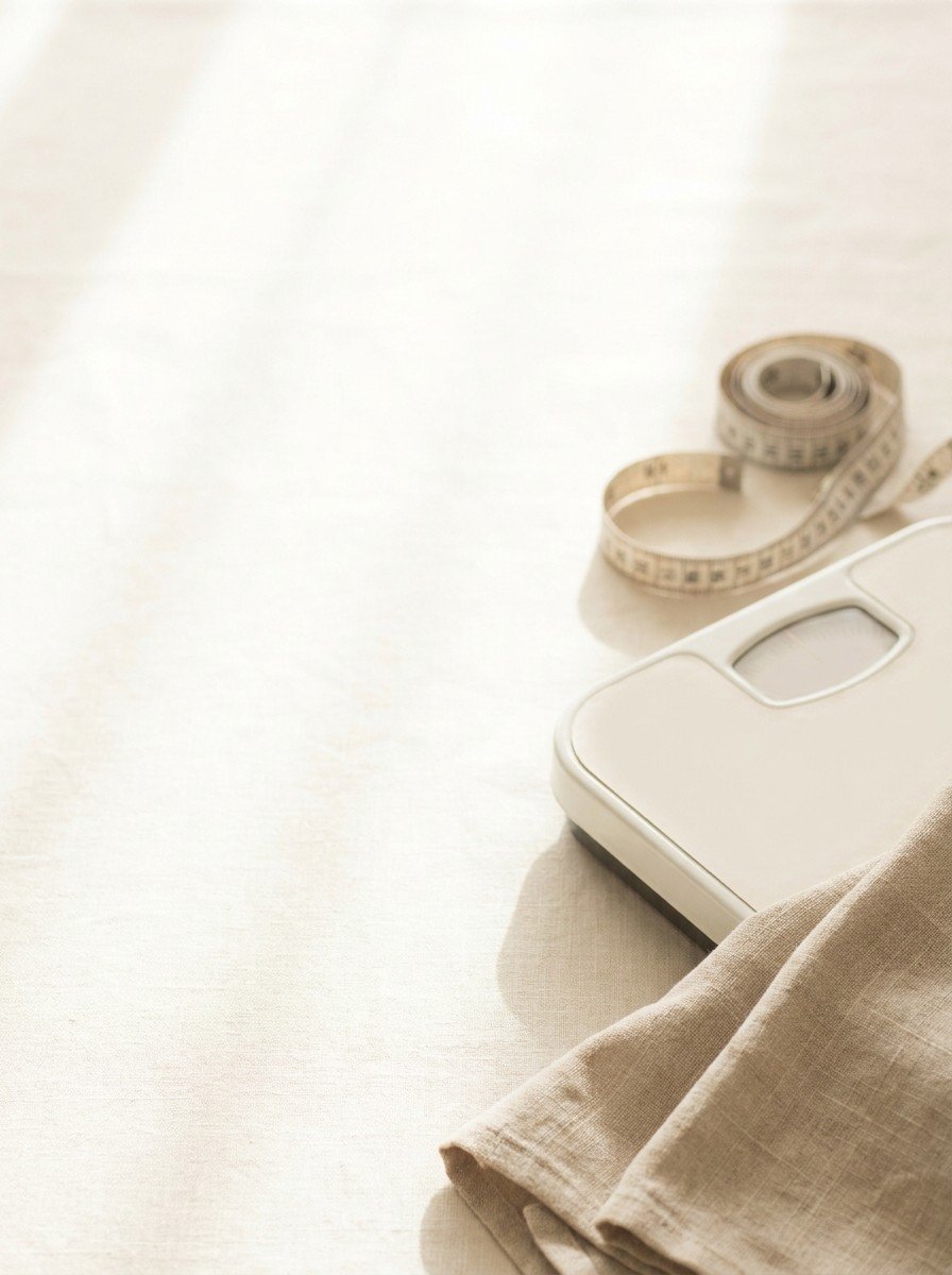 A small analog bathroom scale, a coiled cloth tape measure and a folded linen napkin pushed to the lower-right of a cream linen surface, the upper-left left empty in soft morning light.