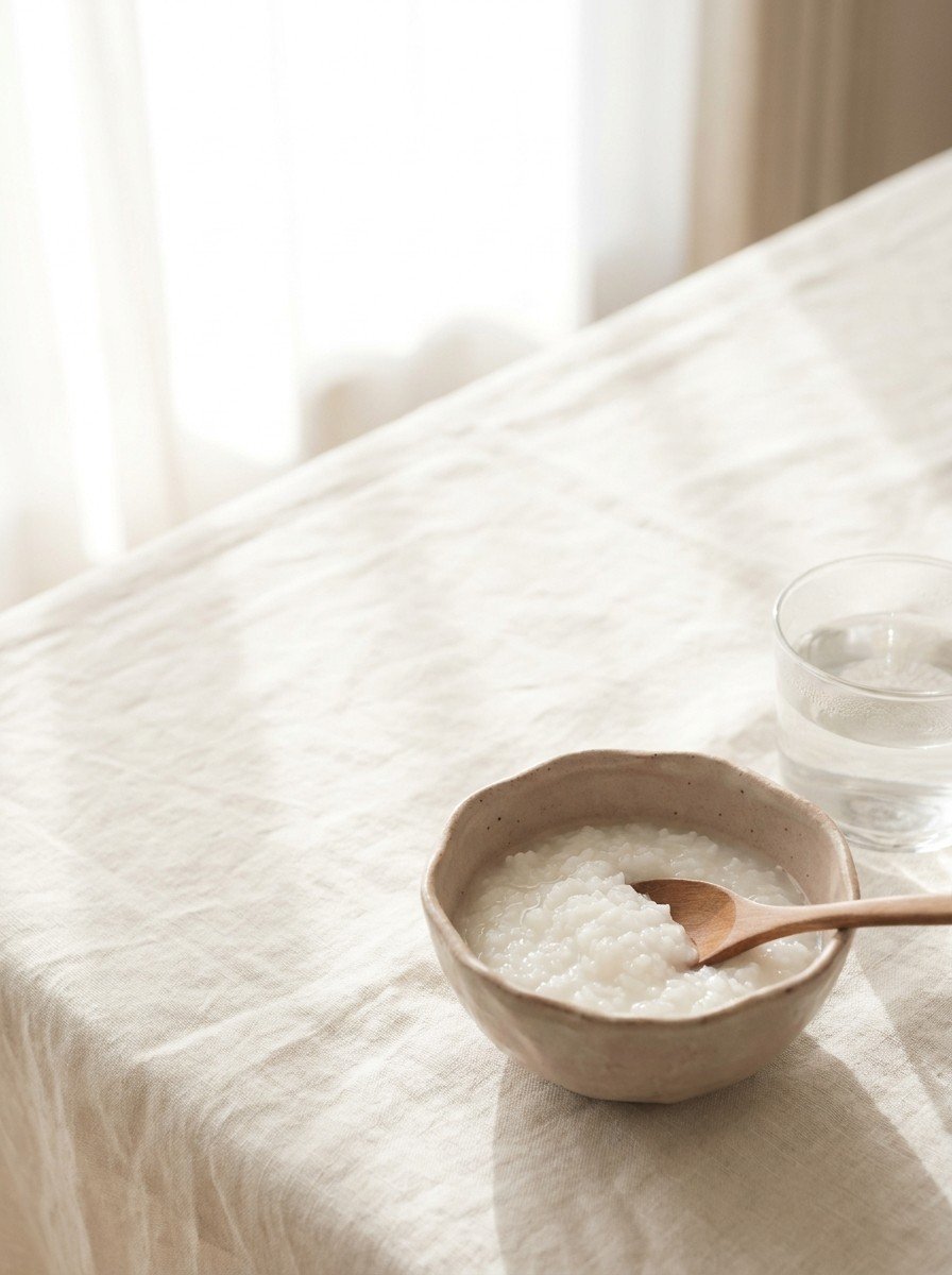 A clay bowl of plain rice porridge with a wooden spoon and a glass of warm water in the lower right of cream linen, upper left empty