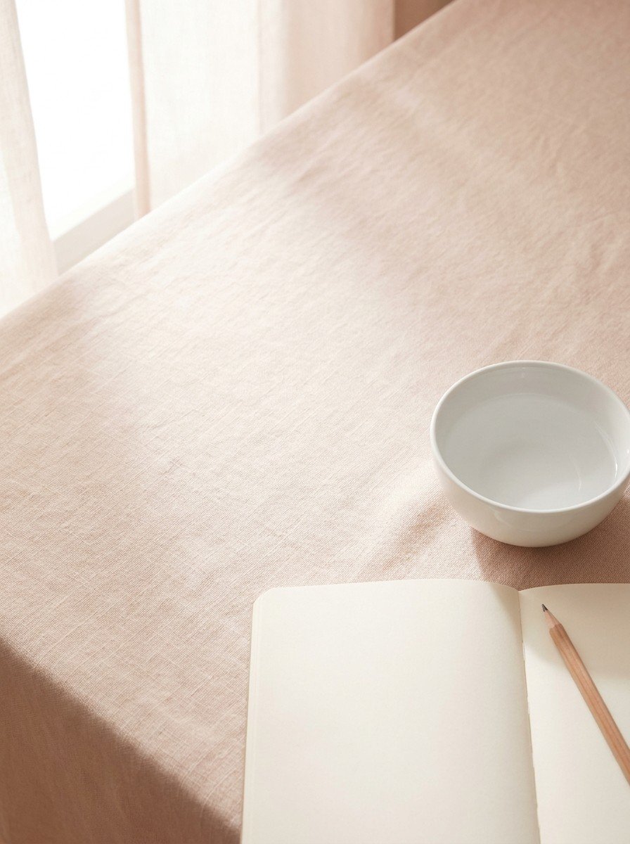 A small white porcelain bowl of water and an open blank notebook with a pencil in the lower right of cream-rose linen, upper left empty