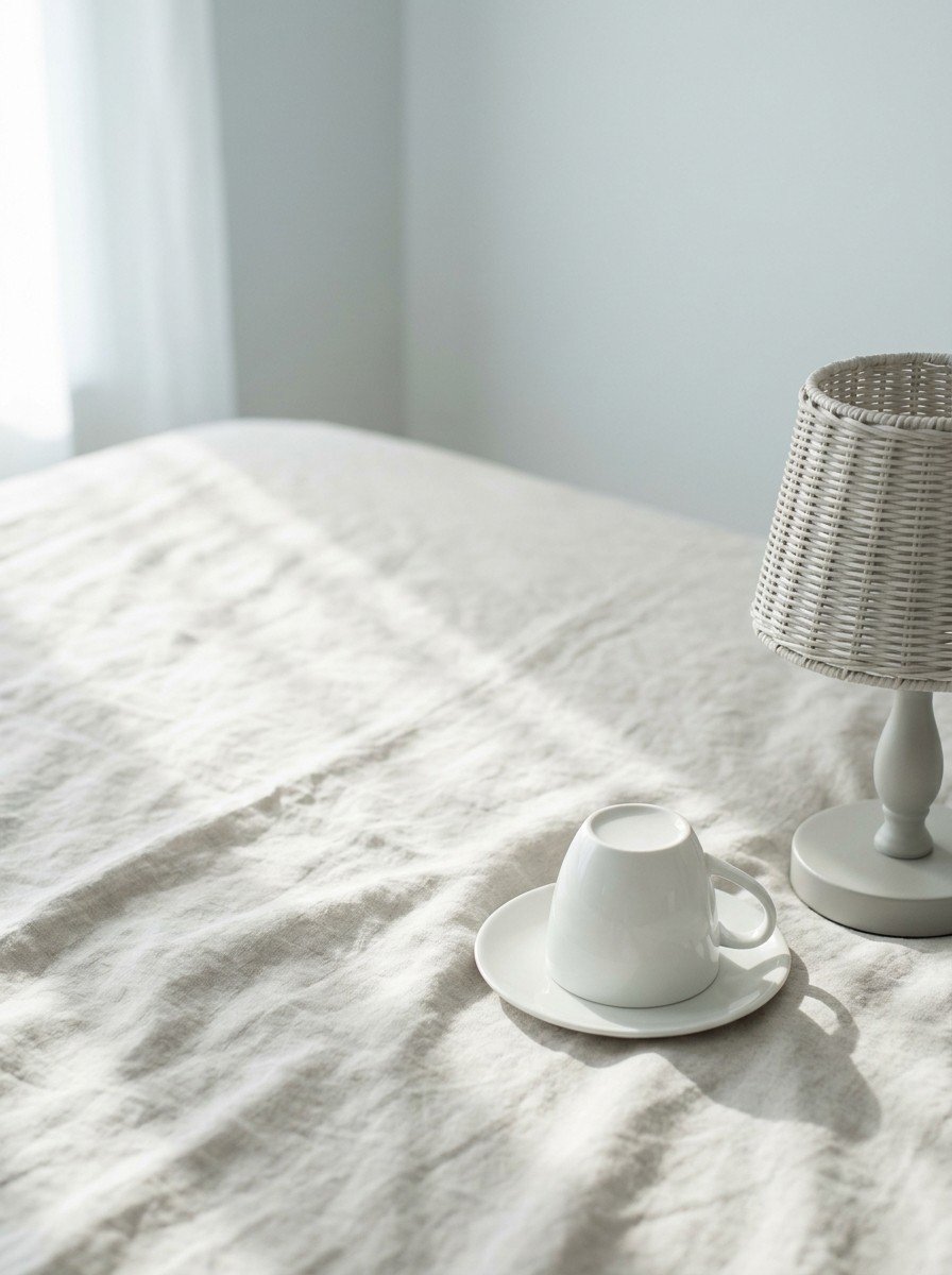 An empty white coffee cup turned upside down on its saucer and a switched-off bedside lamp in the lower right of a cream-gray linen bedsheet, upper left empty