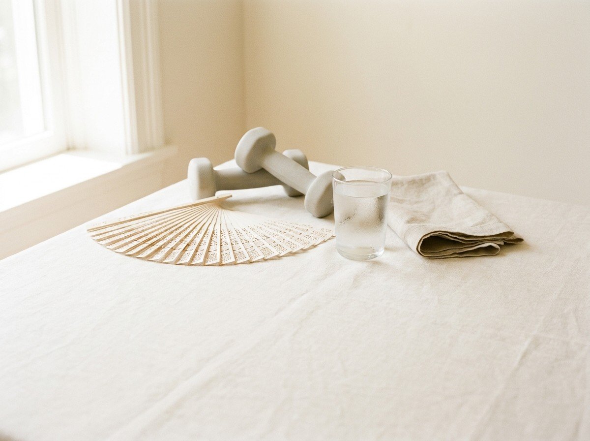 A pair of small light-gray hand dumbbells, a folded paper hand fan, a glass of cold water and a folded linen napkin grouped on cream linen in soft window light, with open linen below.