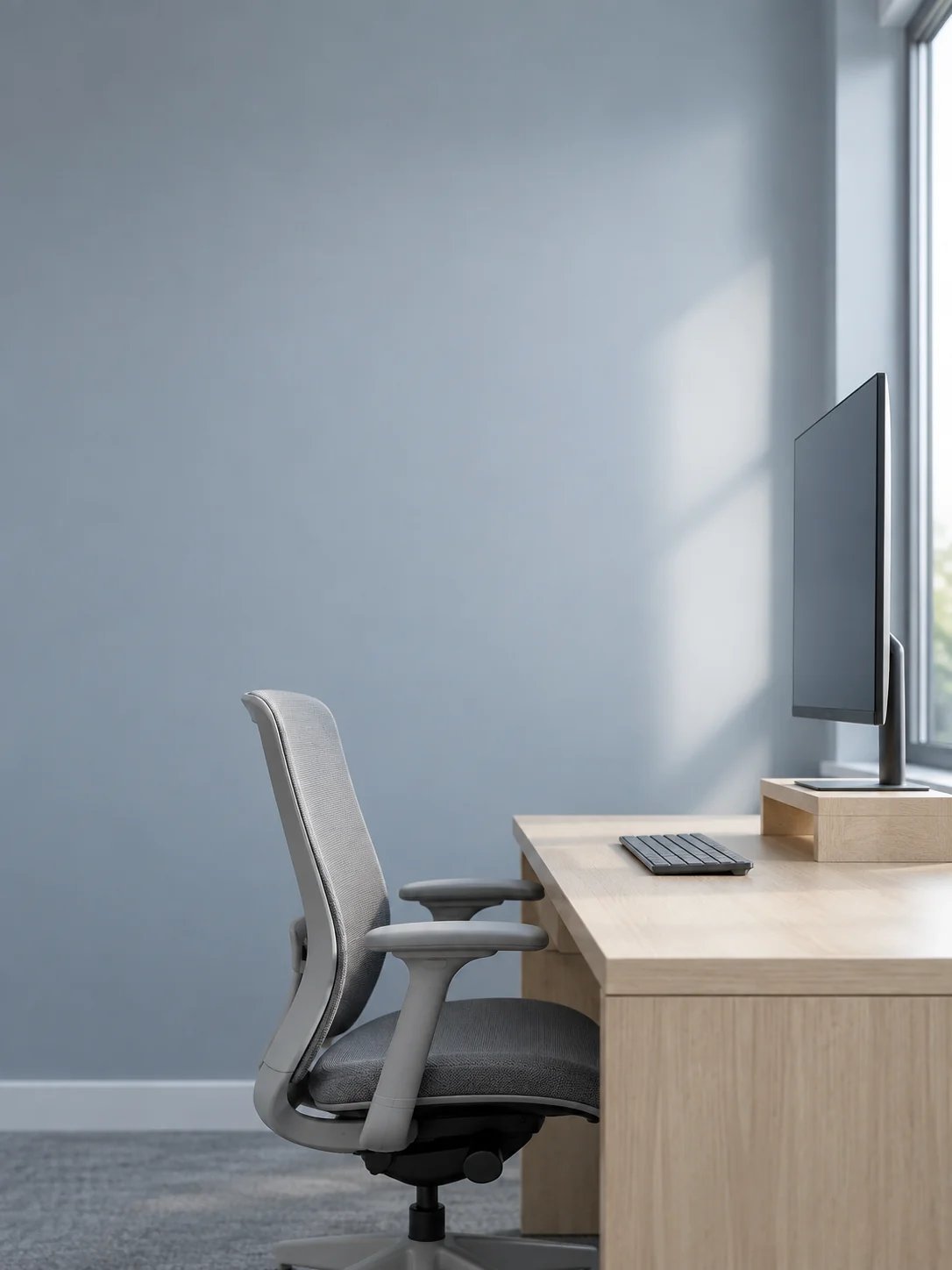 A side view of a blank raised monitor, keyboard and empty ergonomic chair at a cool bright workstation