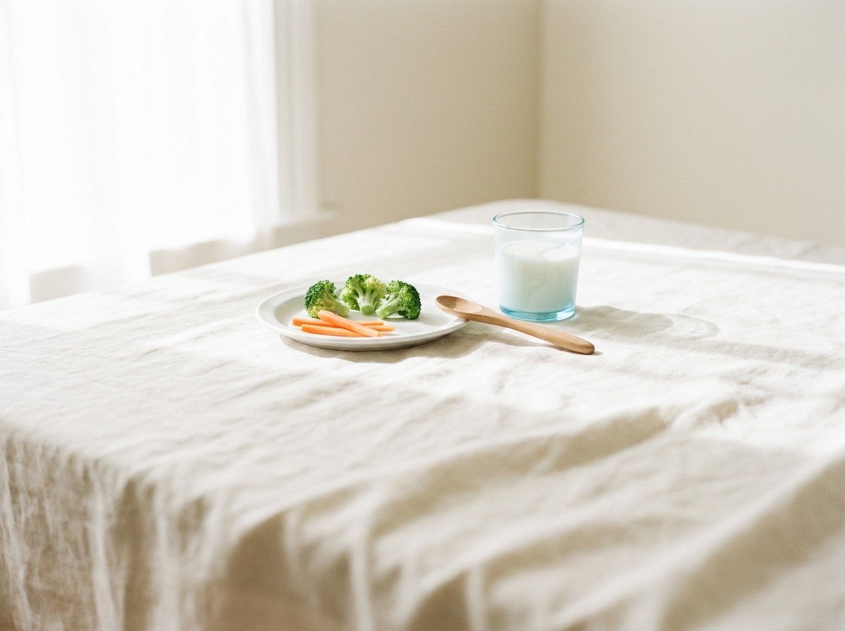 A small white plate with three steamed broccoli florets and thin carrot sticks, a wooden child's spoon and a glass of milk on cream linen in soft window light
