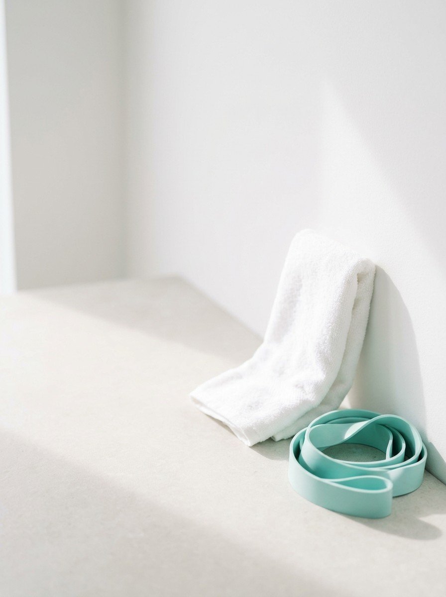 A white hand towel leaning against a white wall and a coiled teal resistance band at the lower right, upper left of the frame left empty