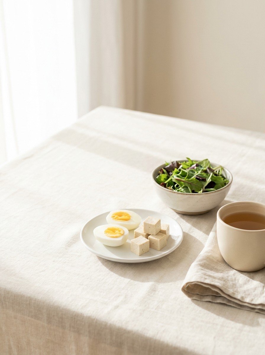 A plate of boiled eggs and tofu, a bowl of greens and a cup of tea pushed to the lower-right of a cream linen table, the upper-left left empty in soft morning light.