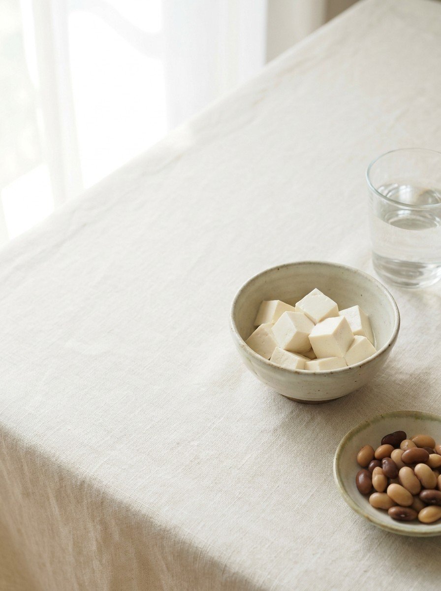 A small ceramic bowl of soft tofu cubes, a small dish of cooked beans and a glass of water at the lower-right of a cream linen table, the upper-left left empty in soft window light.