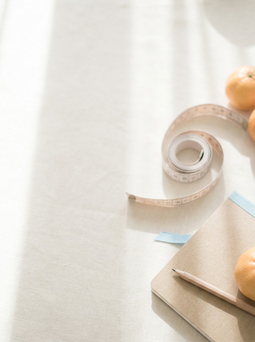 A coiled soft measuring tape, a kraft notebook with a pencil and two tangerines on cream linen, upper left of the frame left empty