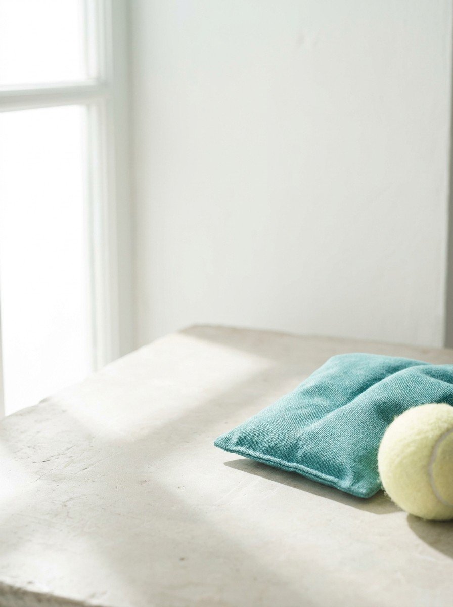 A soft teal heat pack and a pale tennis ball at the lower right of pale stone near a white wall, upper left of the frame left empty