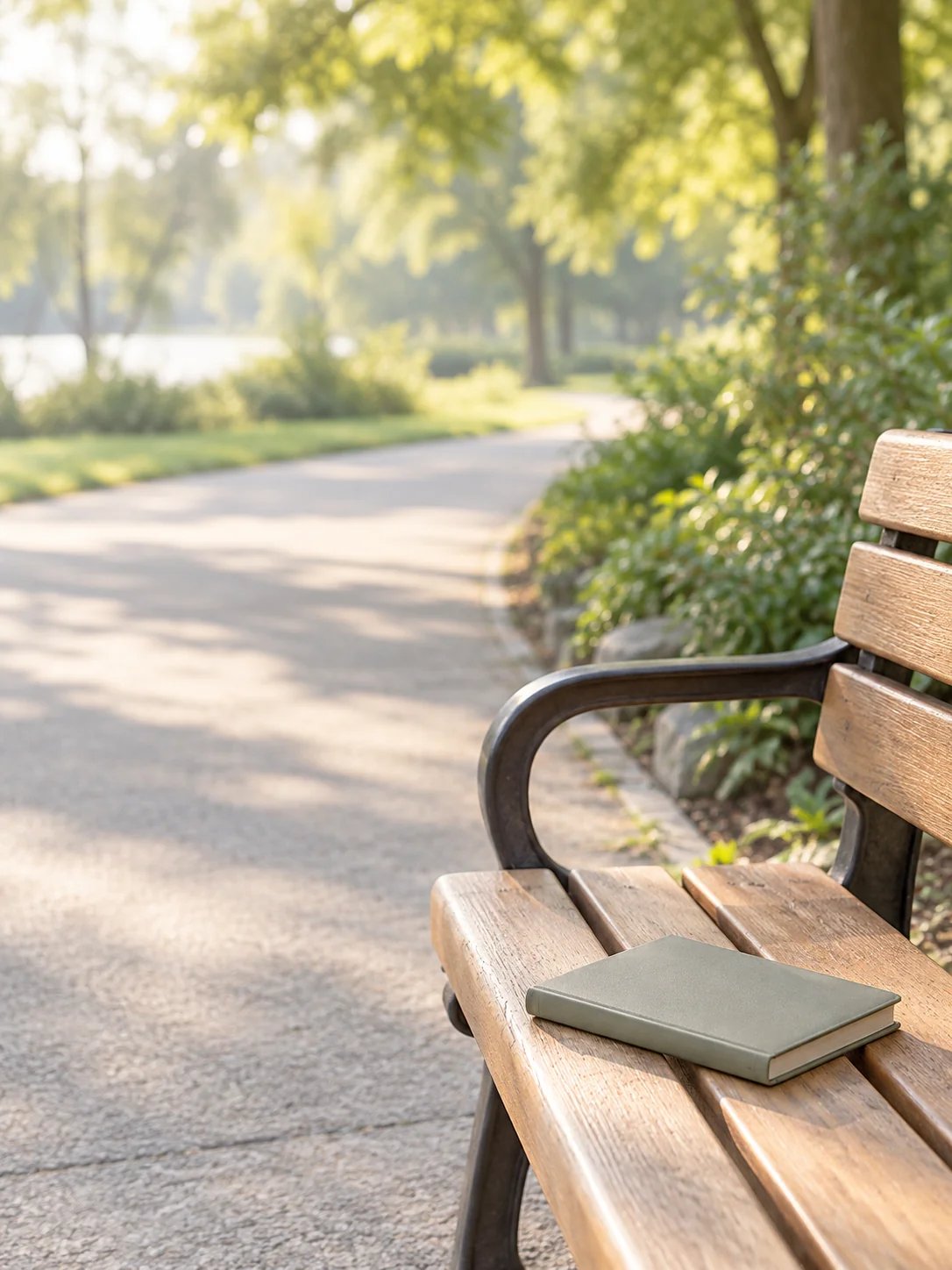 A closed blank record notebook on an empty wooden park bench beside a softly receding walking path