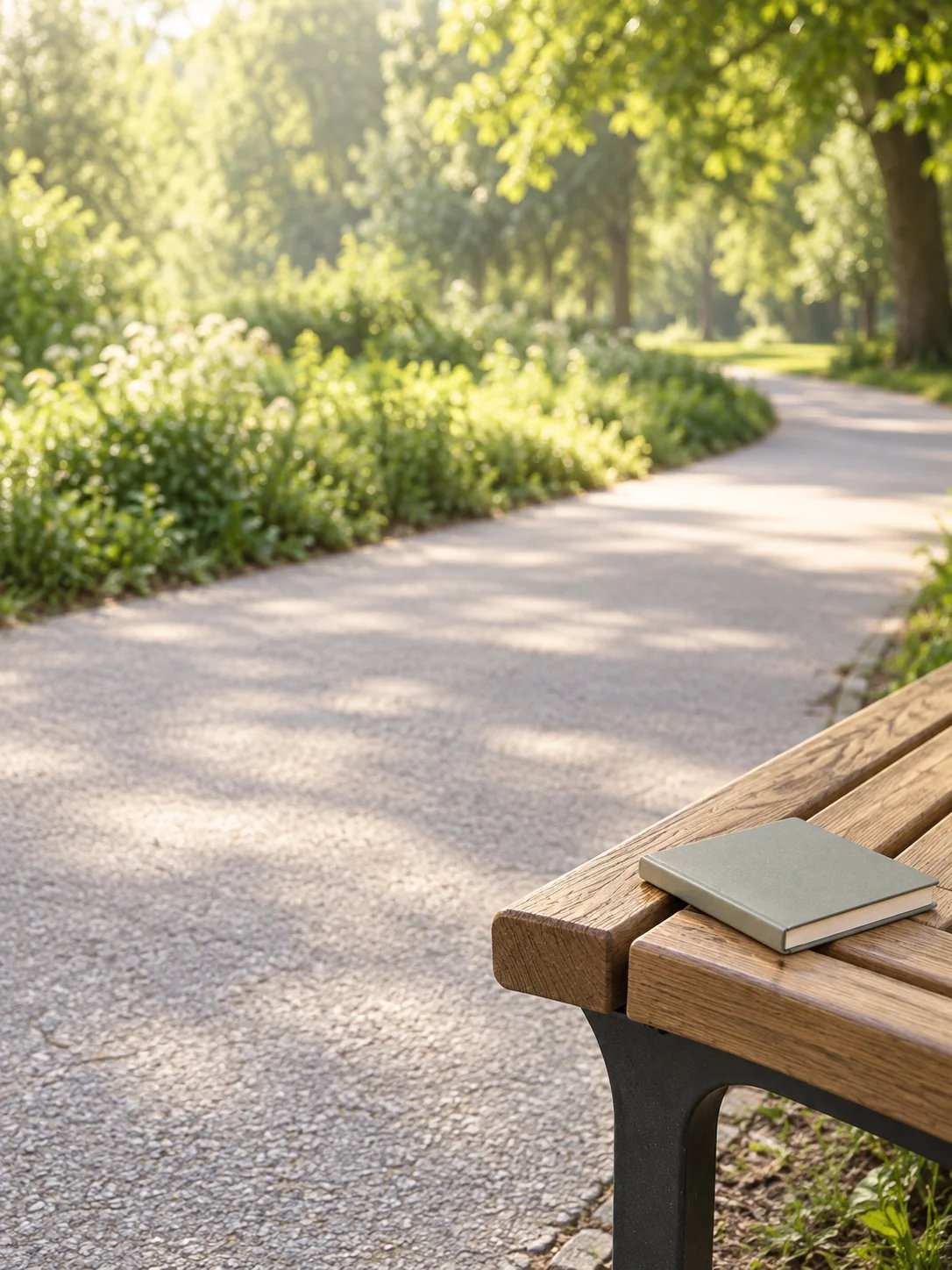 A closed blank record notebook at the corner of an empty wooden bench beside a curved park walking path
