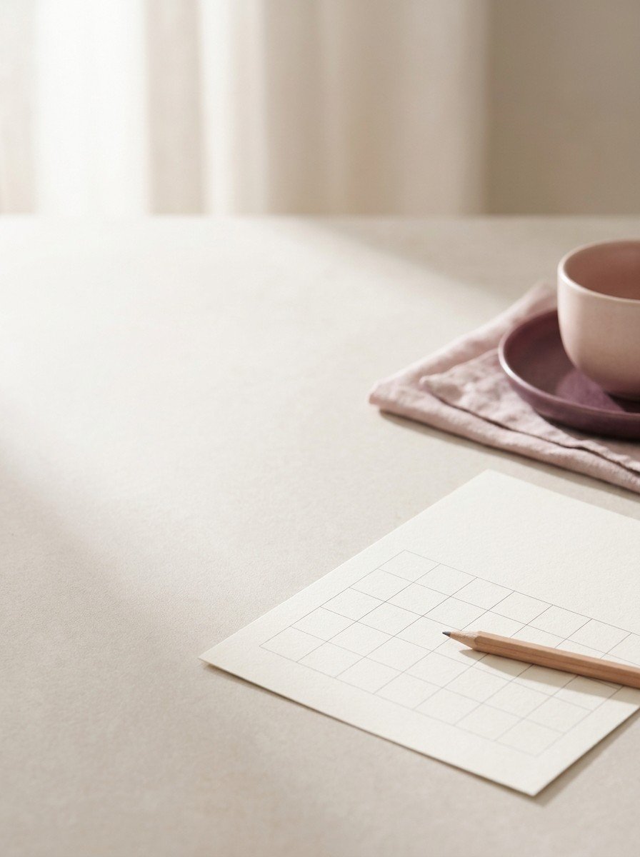 A blank calendar grid with a pencil and a pink tea cup on a linen napkin at the lower right of a pale stone surface, upper left of the frame left empty
