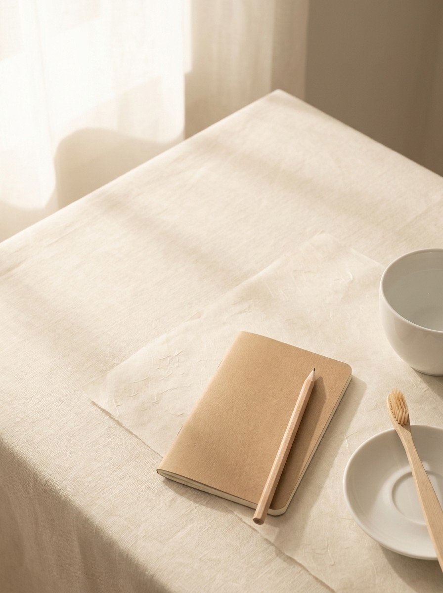 A plain kraft notebook with a pencil, a soft-bristle wooden toothbrush on a white saucer and the edge of a white cup of water on cream linen and hanji paper, upper left of the frame left empty