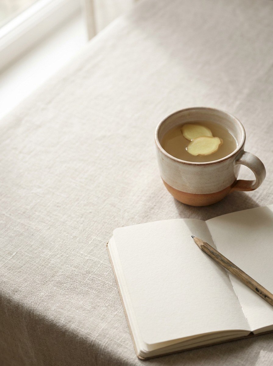 A clay cup of ginger tea with ginger slices and an open blank notebook with a pencil in the lower right of oatmeal linen, upper left empty