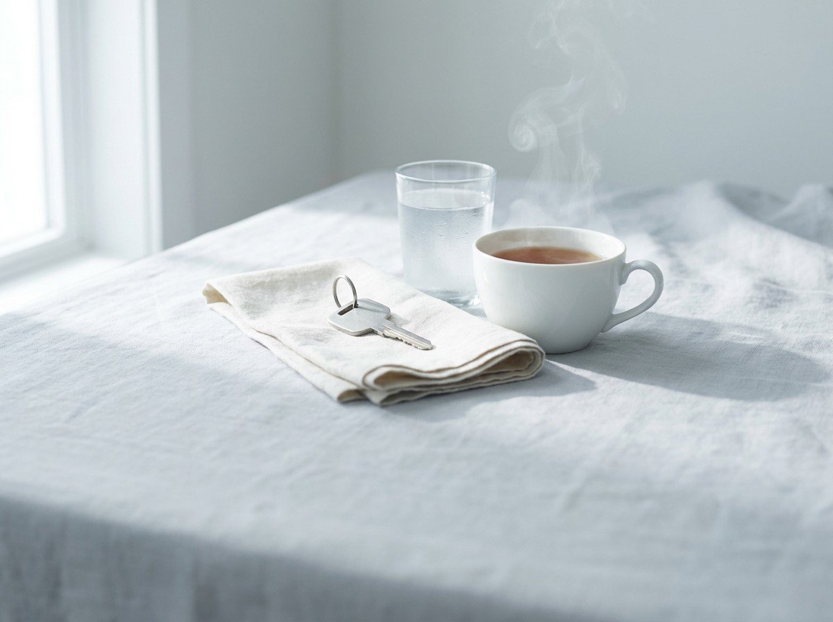 A plain metal car key on a folded linen napkin beside a glass of cold water and a white cup of warm tea, clustered in the middle of pale gray linen by a window