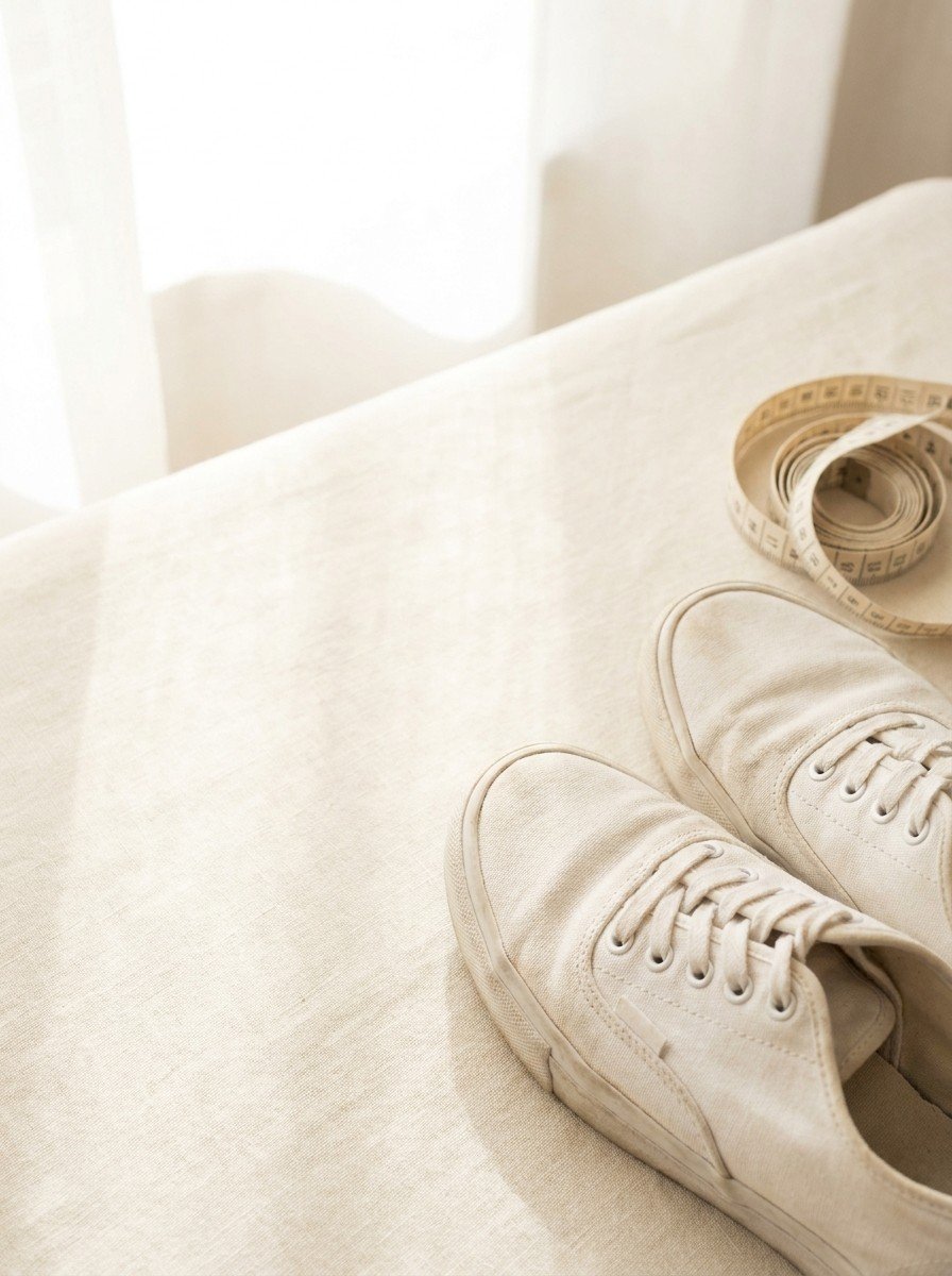 A pair of plain white walking sneakers and a coiled cloth tape measure pushed to the lower-right of a cream linen table, the upper-left left empty in soft window light.
