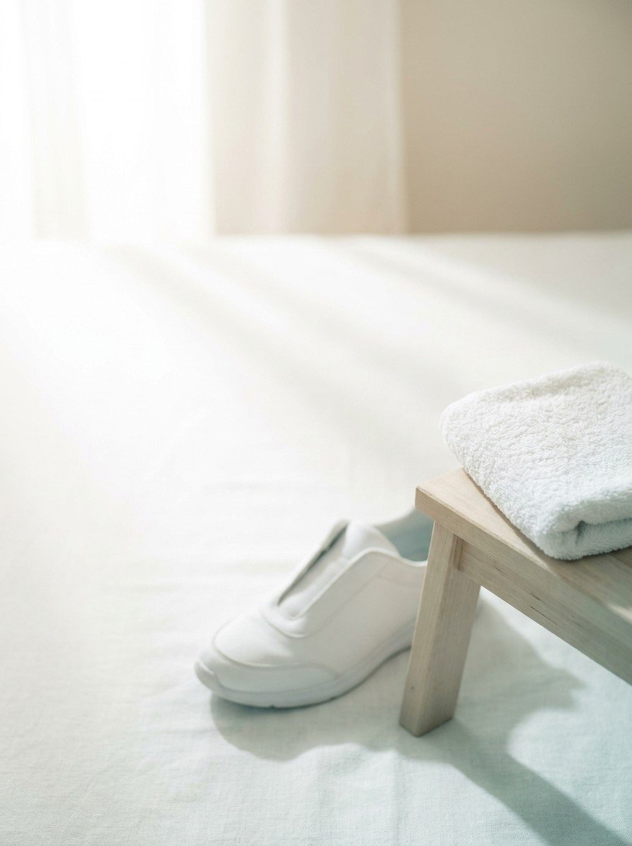 A folded white towel on the edge of a low wooden step beside a plain white running shoe on white linen, upper left of the frame left empty