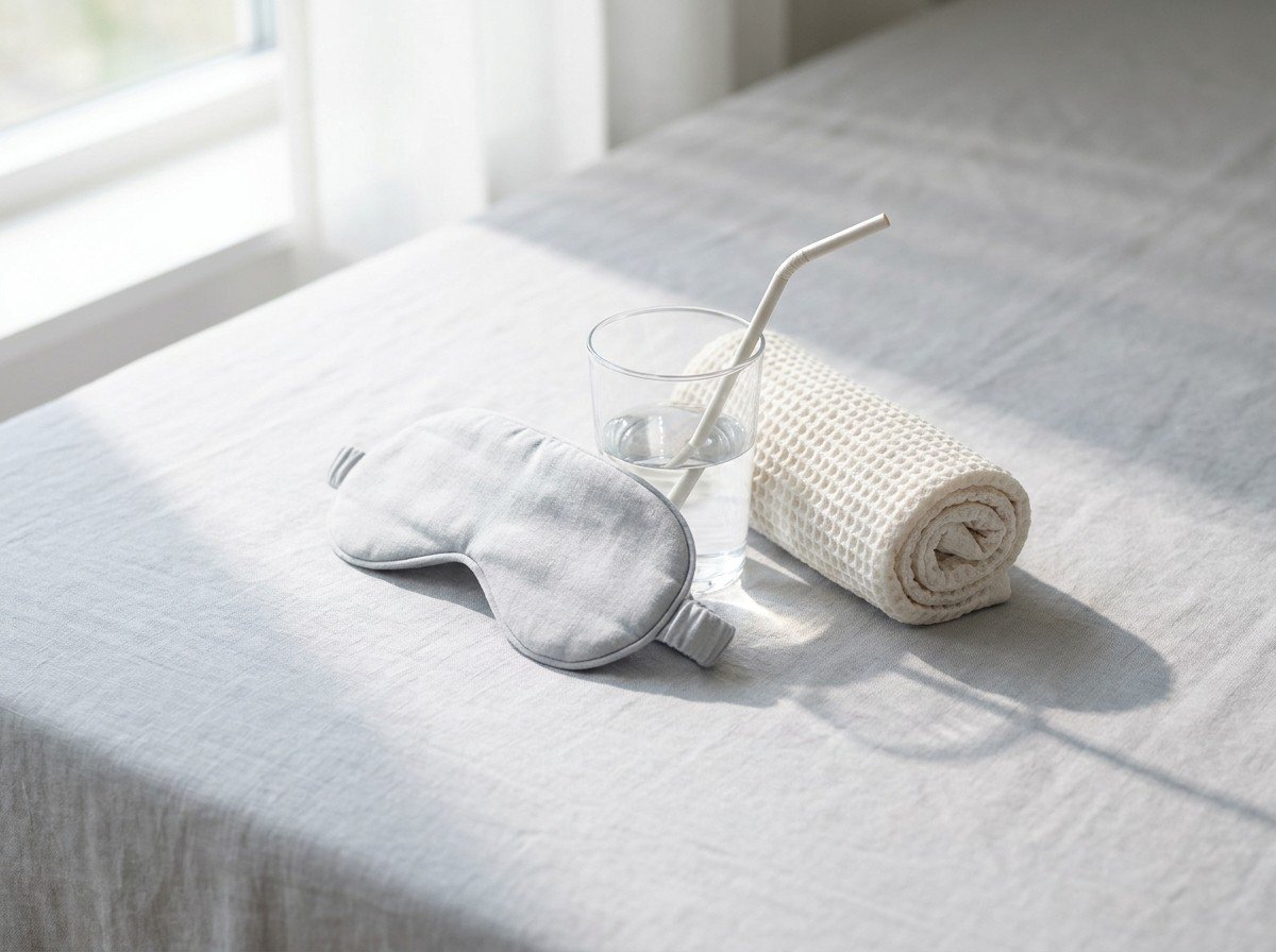A soft gray sleep eye mask, a glass of water with a paper straw and a rolled waffle towel on pale gray linen, lower third empty