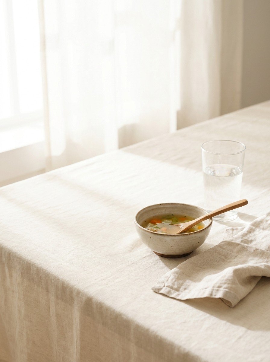 A small bowl of clear vegetable soup with a wooden spoon, a glass of water and a folded linen napkin pushed to the lower-right of a cream linen table, the upper-left left empty in soft morning light.