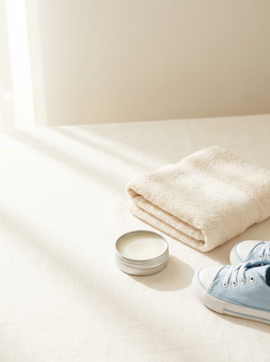 A folded cream towel, an open unlabeled balm tin and a pale blue child's sneaker on cream linen, upper left of the frame left empty