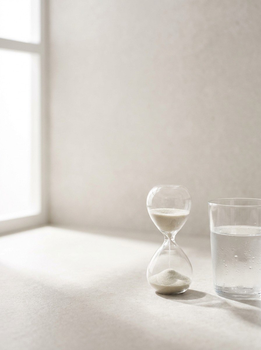 A small glass hourglass with pale sand and a glass of cold water in the lower right of a pale stone surface, upper left empty