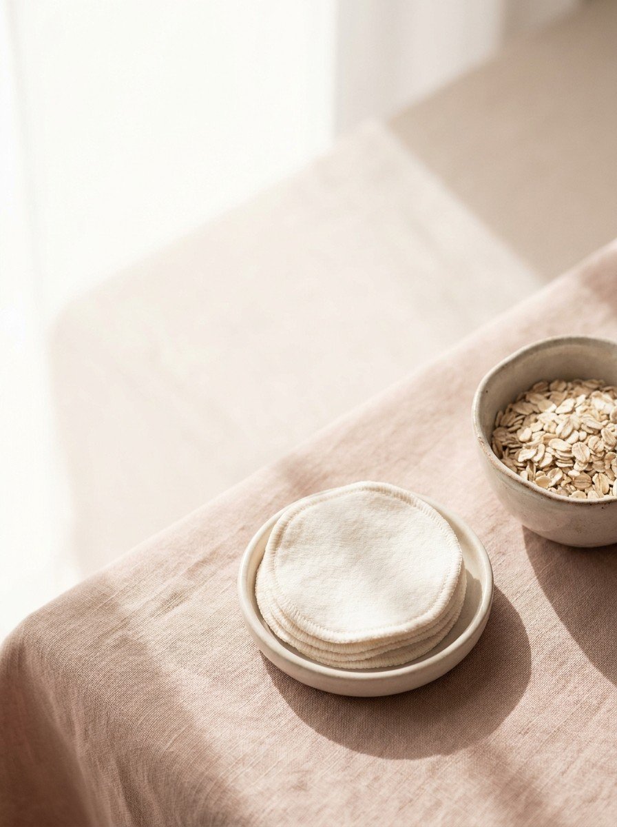 A small stack of cotton pads on a dish and a ceramic bowl of rolled oats in the lower right of rose-beige linen, upper left empty