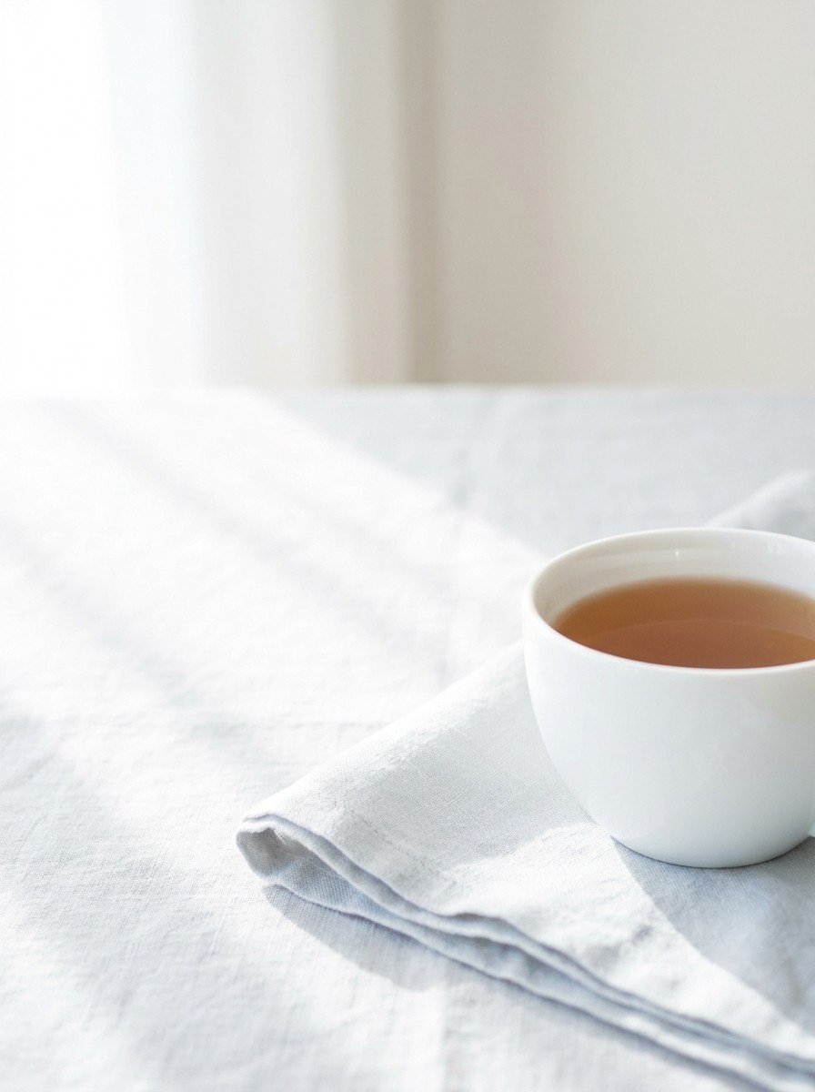 A white cup of warm tea on a folded pale linen napkin in the lower right of pale gray linen, upper left empty