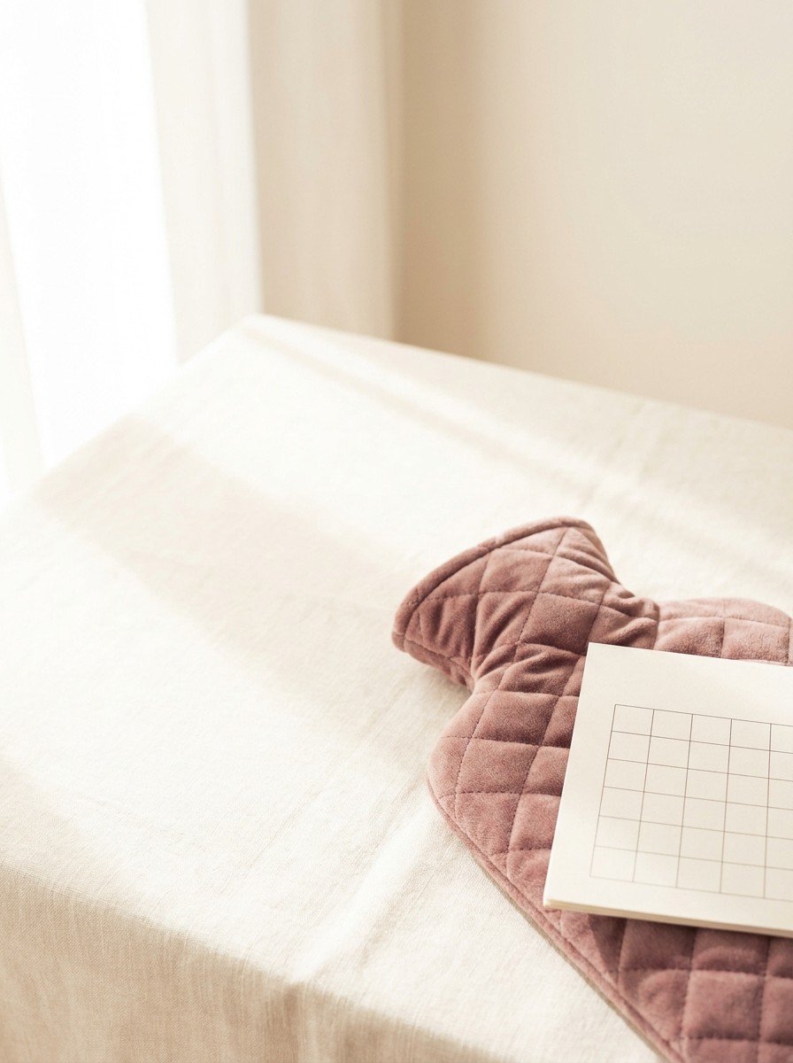 A dusty rose quilted hot-water bottle with a blank paper calendar resting on it on cream linen, upper left of the frame left empty
