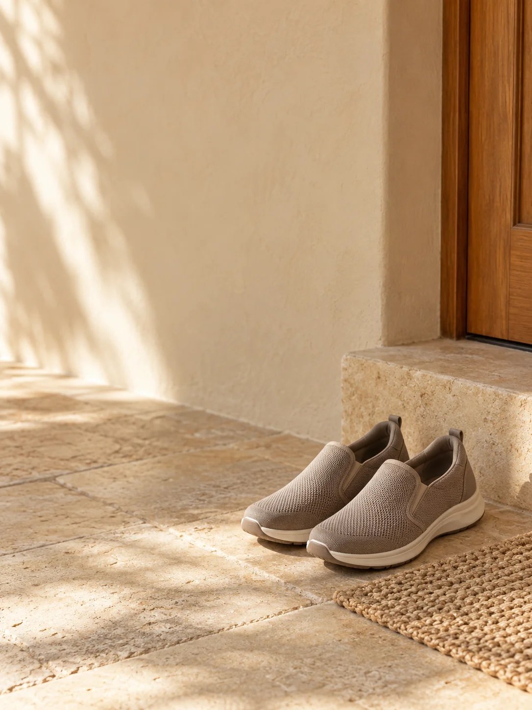 A complete pair of lace-free walking shoes beside a doormat and low entry step at the lower right
