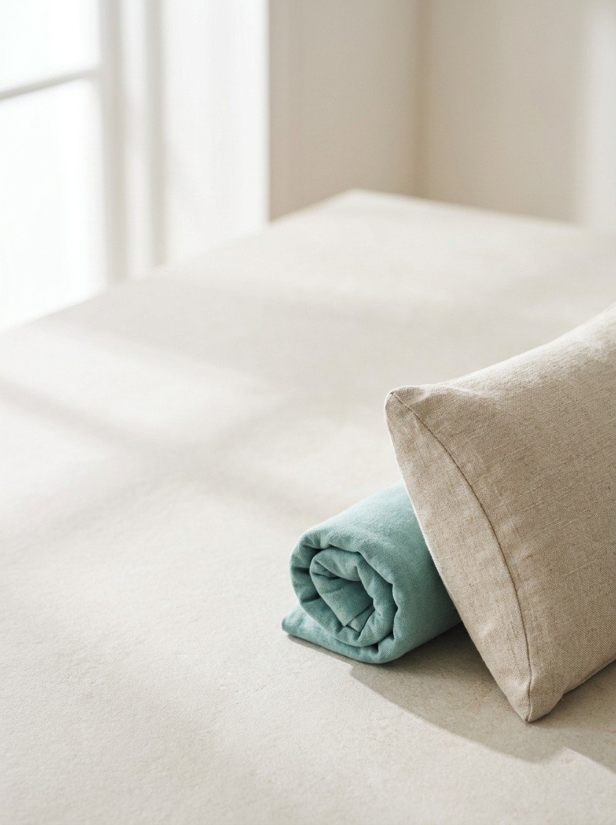 An oatmeal lumbar cushion and a rolled teal heat pack at the lower right of pale stone, upper left of the frame left empty