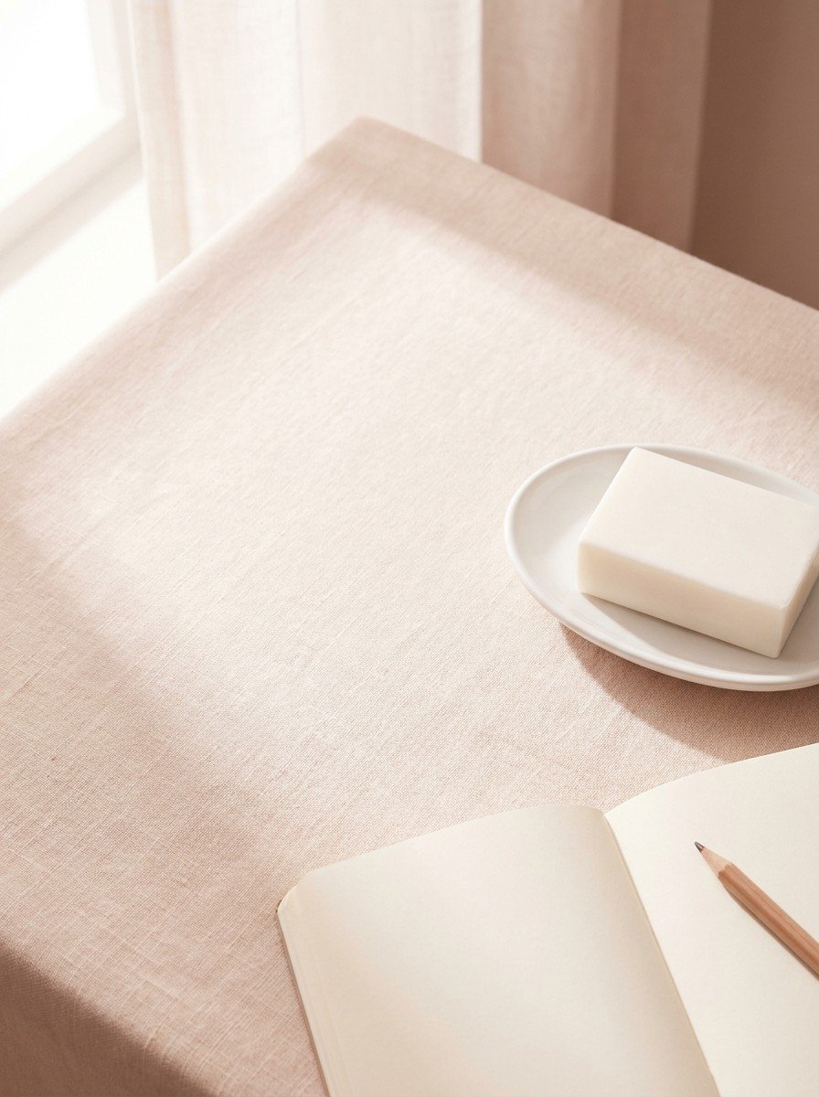 A plain bar of white soap on a small porcelain dish and a blank notebook with a pencil in the lower right of cream-rose linen, upper left empty