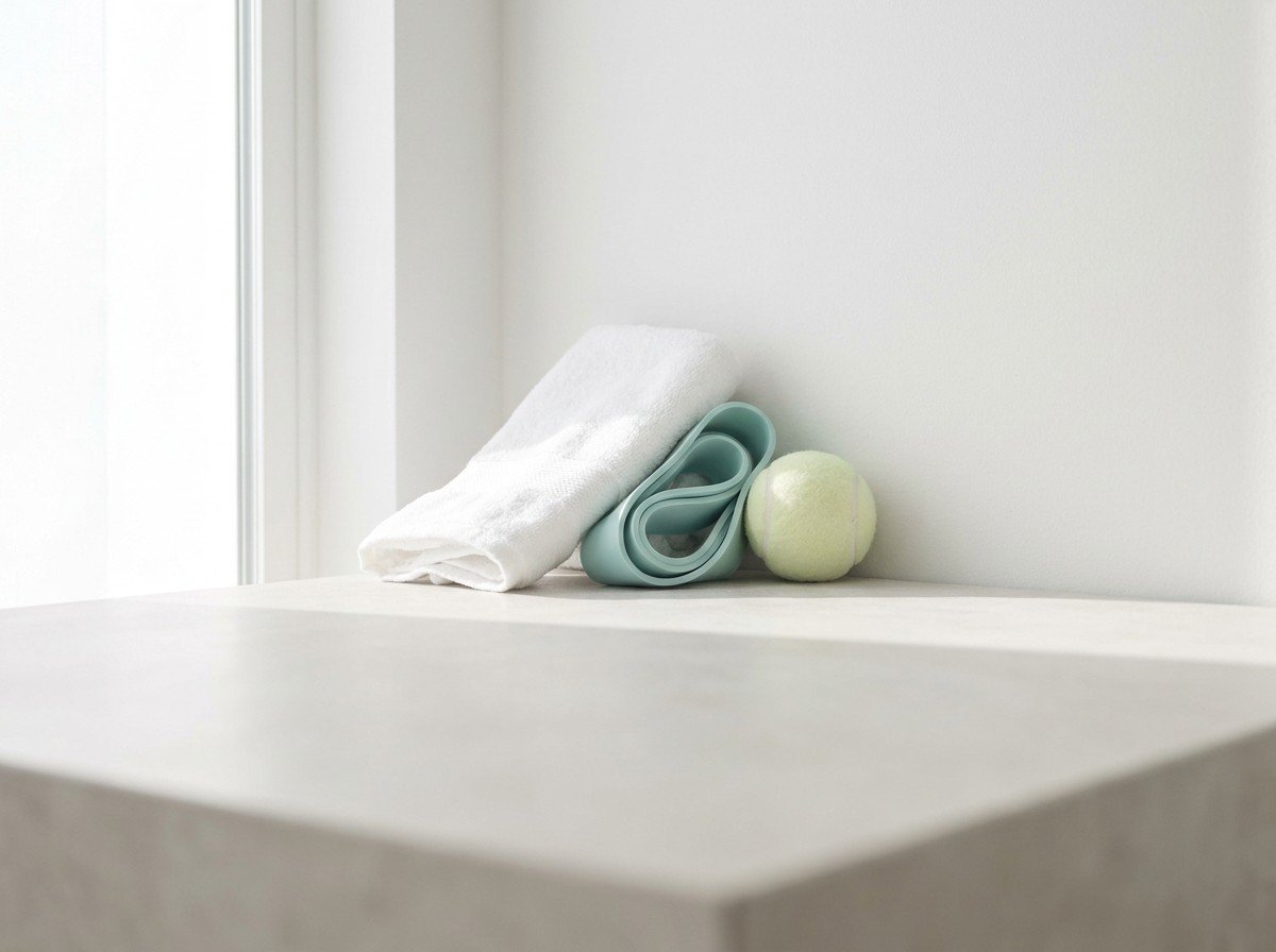 A folded white hand towel against a white wall corner beside a coiled teal resistance band and a pale tennis ball on pale stone in soft window light