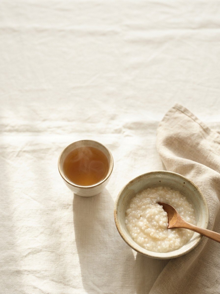 A clay bowl of porridge with a wooden spoon and a cup of barley tea pushed to the lower right of cream linen, upper left empty