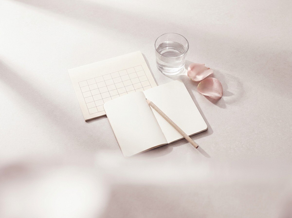 A blank paper calendar, an open blank notebook with a pencil, a glass of water and two rose petals on pale stone in soft light