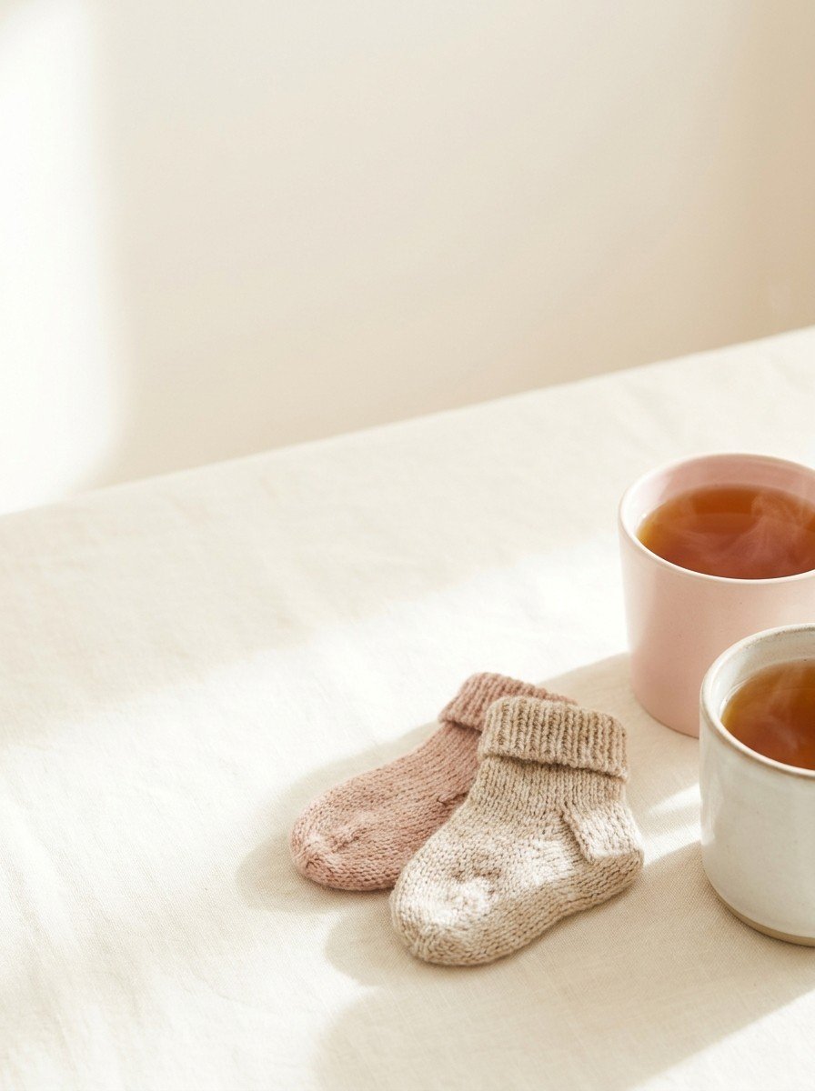A pair of tiny knitted baby socks next to two cups of warm tea at the lower right of cream linen, upper left of the frame left empty