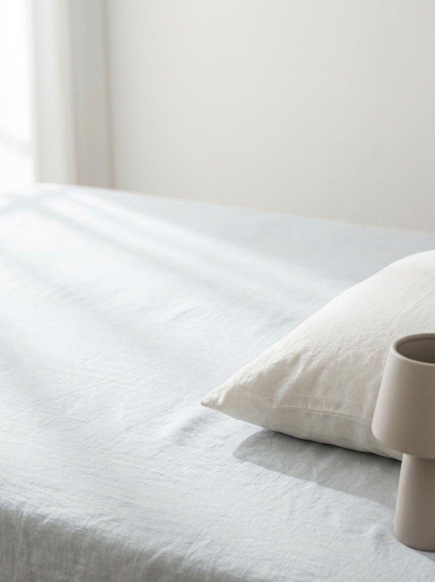 The corner of a linen pillow and a switched-off ceramic bedside lamp in the lower right of pale gray linen, upper left empty