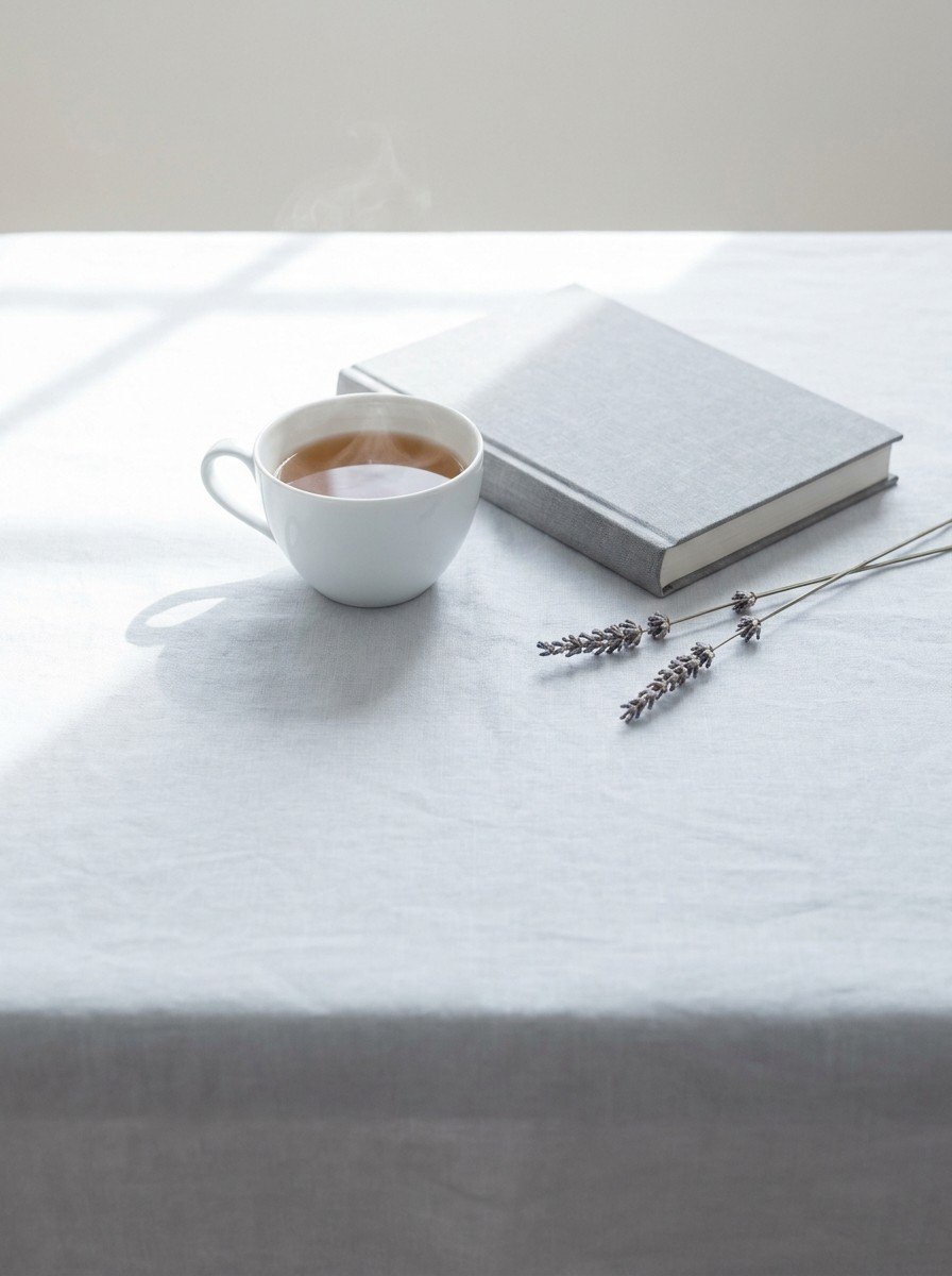 A white cup of warm tea, a closed gray linen-bound book and two dried lavender stems spread across pale gray linen with window shadow