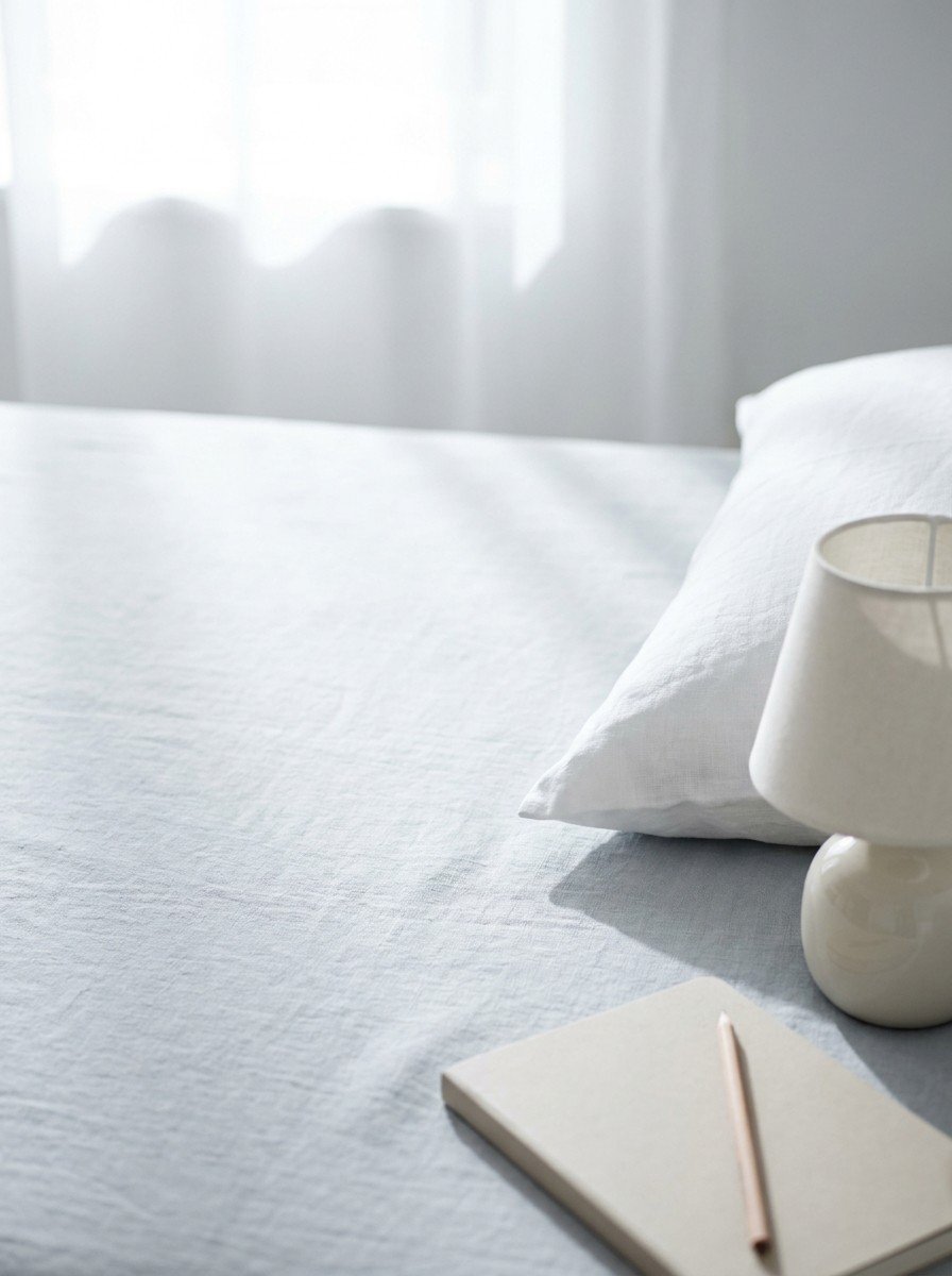The corner of a white linen pillow, a switched-off bedside lamp and a closed notebook with a pencil in the lower right of pale gray linen, upper left empty