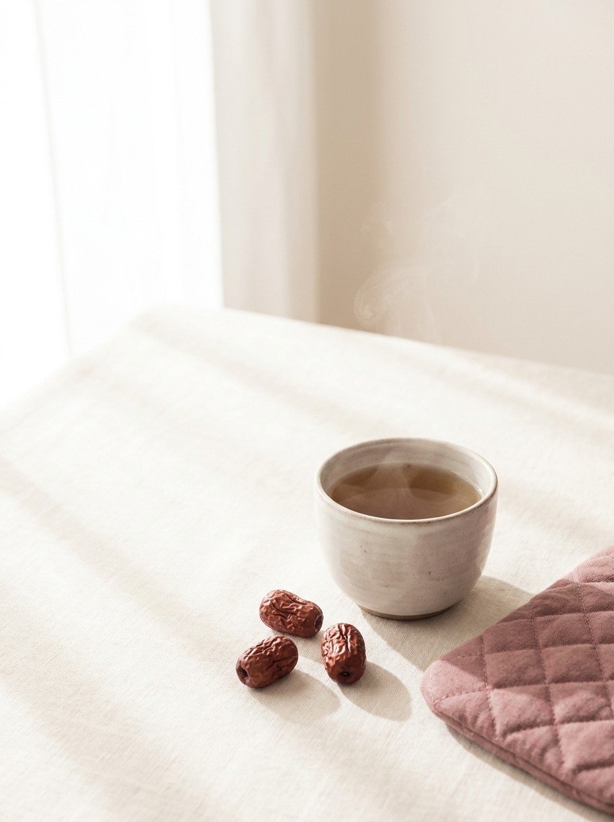 A steaming cup of herbal tea, three dried jujubes and the corner of a dusty rose hot-water bottle on cream linen, upper left of the frame left empty