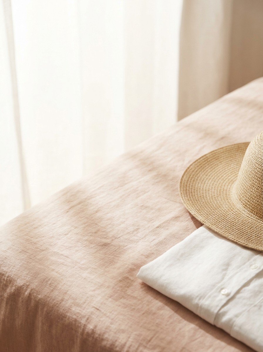 A woven straw sun hat brim and a folded white linen shirt in the lower right of cream-rose linen, upper left empty