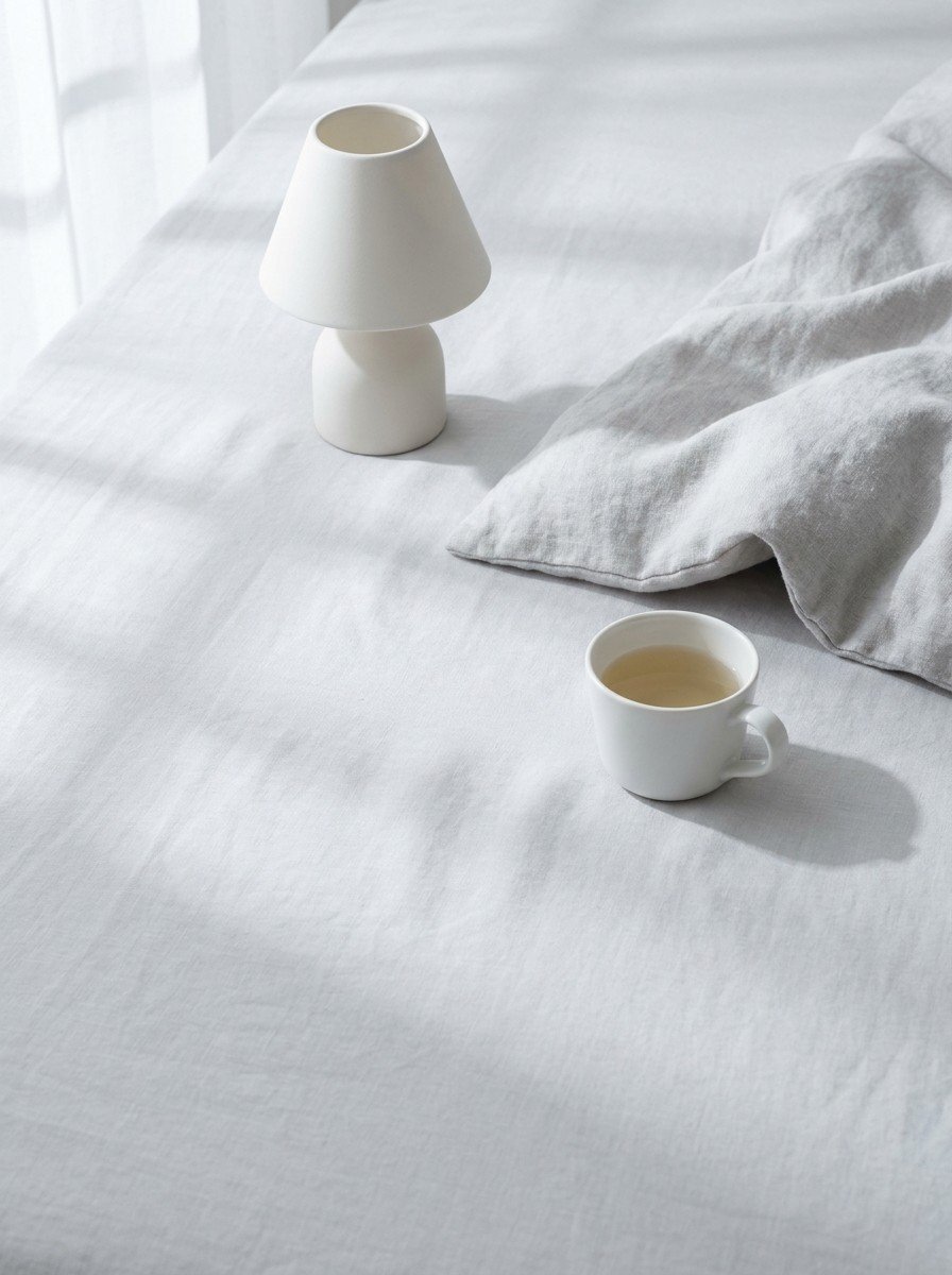 A switched-off ceramic bedside lamp, the folded corner of a linen blanket and a white cup of tea spread across pale gray linen with window shadow