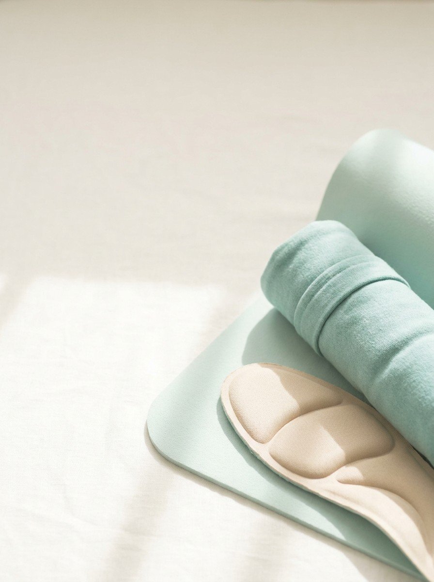 A beige cushioned shoe insole and a soft teal heat pack on the rolled corner of a pale teal yoga mat, upper left of the frame left empty