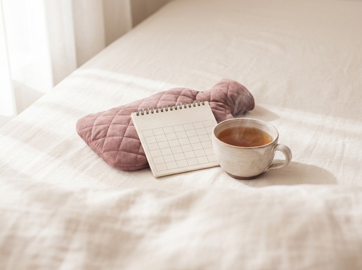 A dusty rose quilted hot-water bottle, a blank paper calendar and a cup of warm herbal tea on cream linen in soft window light