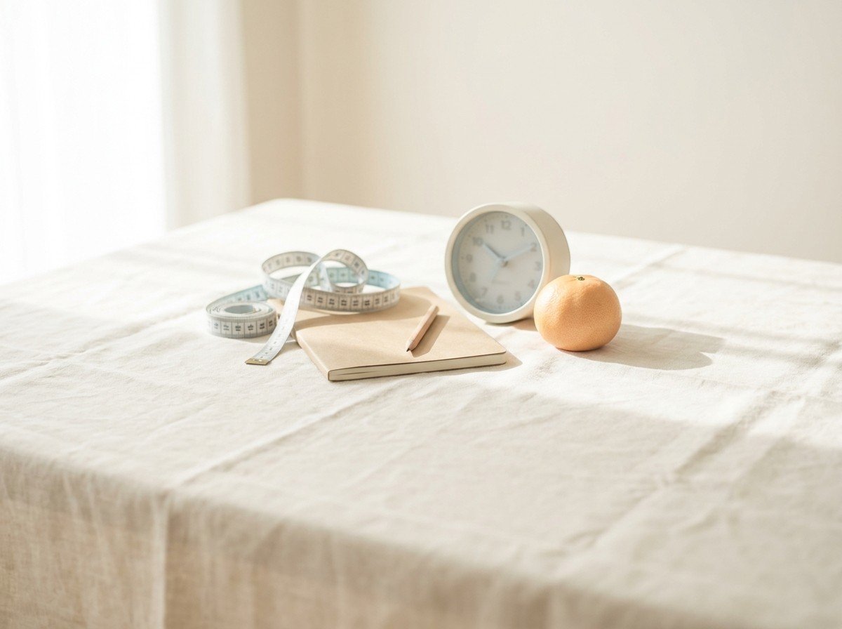 A coiled soft measuring tape, a small kraft notebook with a pencil, a small alarm clock and a tangerine grouped on cream linen in soft window light