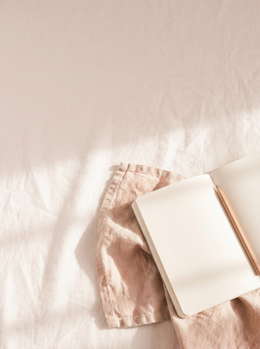 A folded damp linen cloth and an open blank notebook with a pencil in the lower right of cream-rose linen, upper left empty