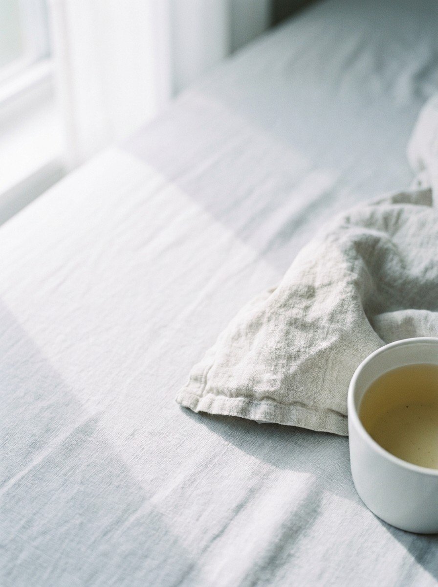 The folded corner of a linen blanket and a white cup of tea in the lower right of pale gray linen, upper left empty